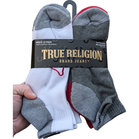 12 pack True Religion Half Cushion Quarter Socks Men's 10-13 shoes size 8-12 NEW - Picture 1 of 11